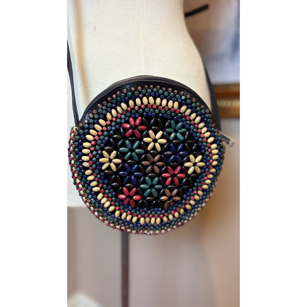 Patricia Nash Scafati Blue Forest Beaded Round Crossbody Bag Black Leather 9in